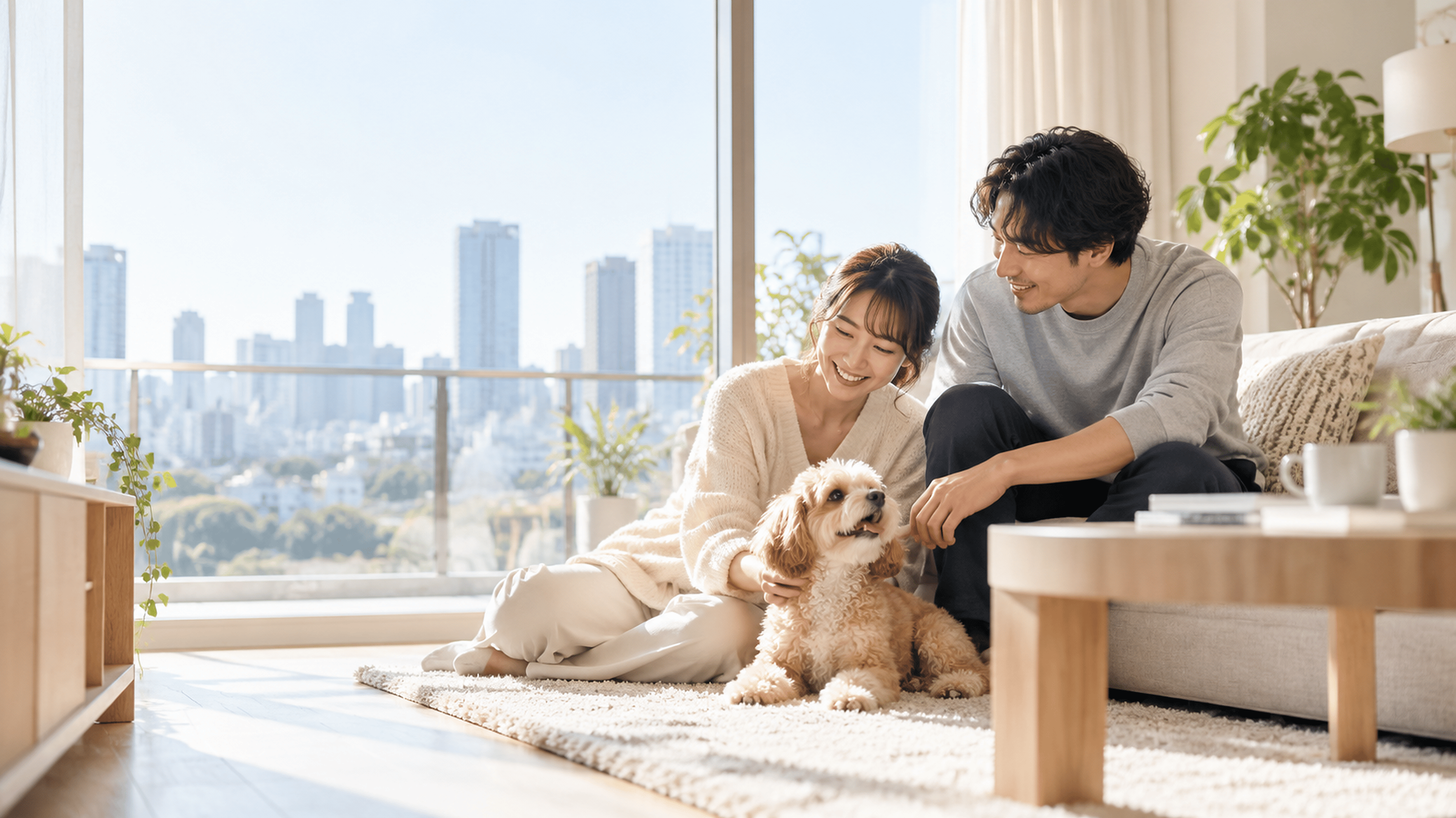 都心を望むリビングで、犬と一緒にくつろぐ夫婦
