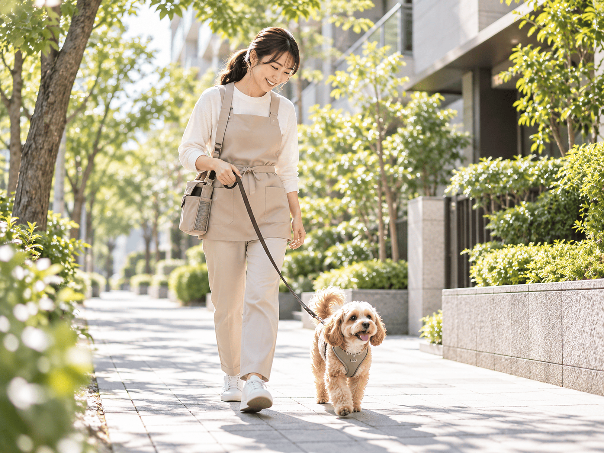 街路樹の続く歩道で、犬の散歩をするスタッフ