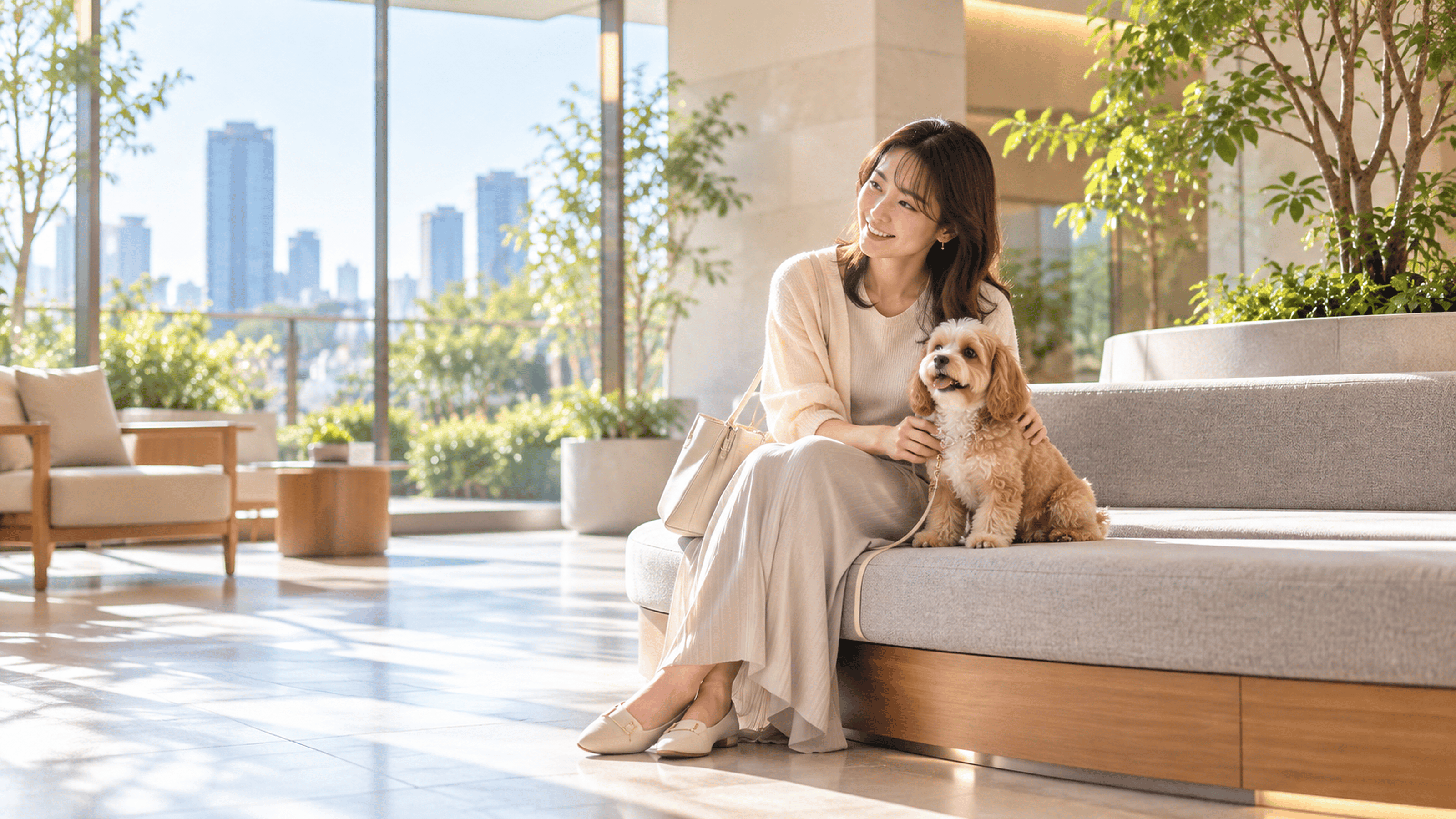 マンションのラウンジで、犬と過ごす女性