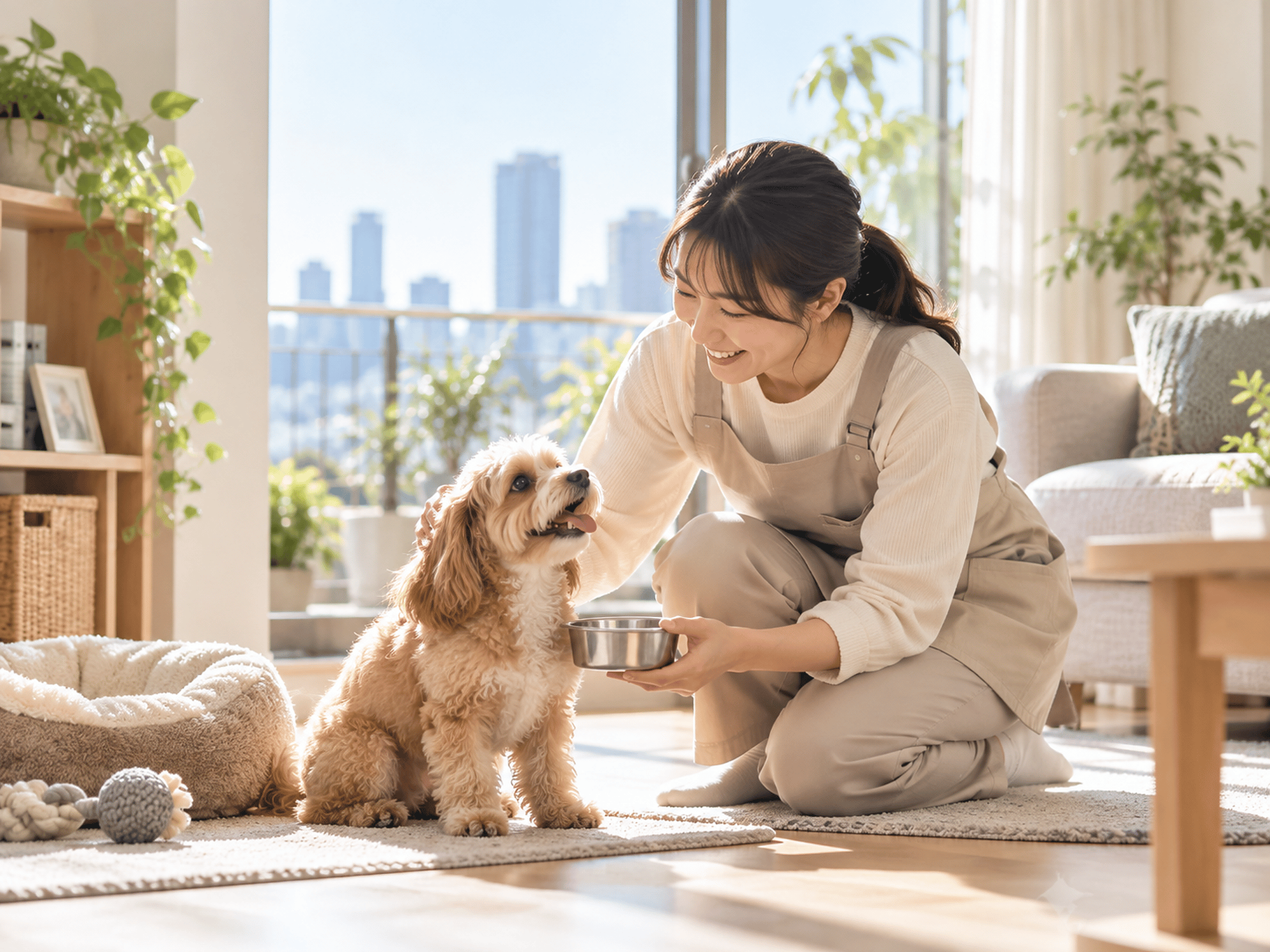 室内で犬に食事を用意するペットシッター