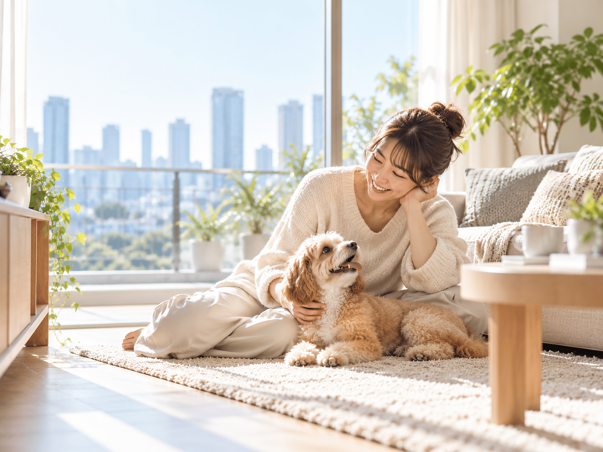 日の差し込むリビングで、犬に寄り添ってくつろぐ女性